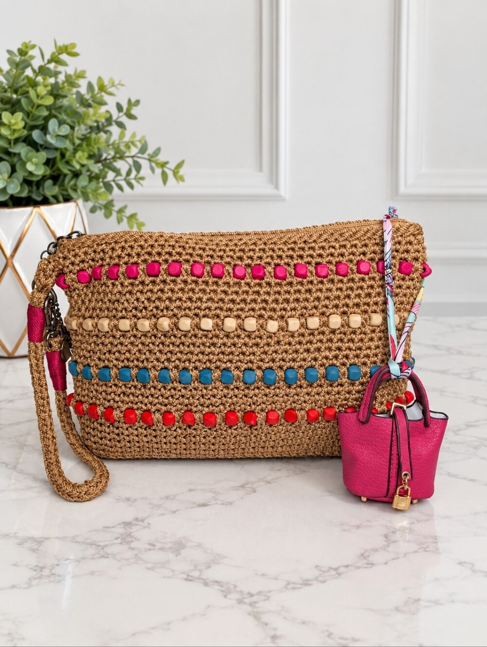 The Sak Crochet Beaded Wristlet Clutch Bag w/ Bag Charm